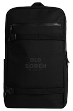 Load image into Gallery viewer, Black backpack with 'Old Soren' branding on a white background