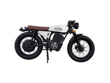Load image into Gallery viewer, Old Soren Electric Café Racer Motorcycle – White /Brown Side View