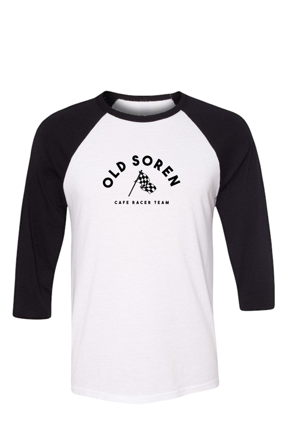 Black and white baseball shirt with 'Old Soren Cafe Racer Team' text on a white background
