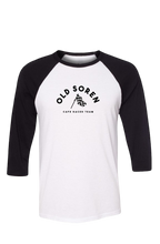 Load image into Gallery viewer, Black and white baseball shirt with &#39;Old Soren Cafe Racer Team&#39; text on a white background
