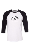 Black and white baseball shirt with 'Old Soren Cafe Racer Team' text on a white background