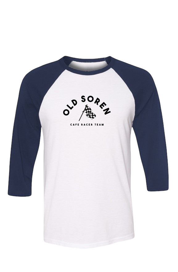 Baseball shirt with 'Old Soren Cafe Racer Team' text on a white background