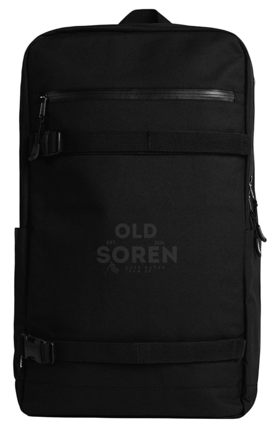 Black backpack with 'Old Soren' branding on a white background