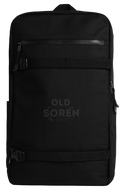 Black backpack with 'Old Soren' branding on a white background