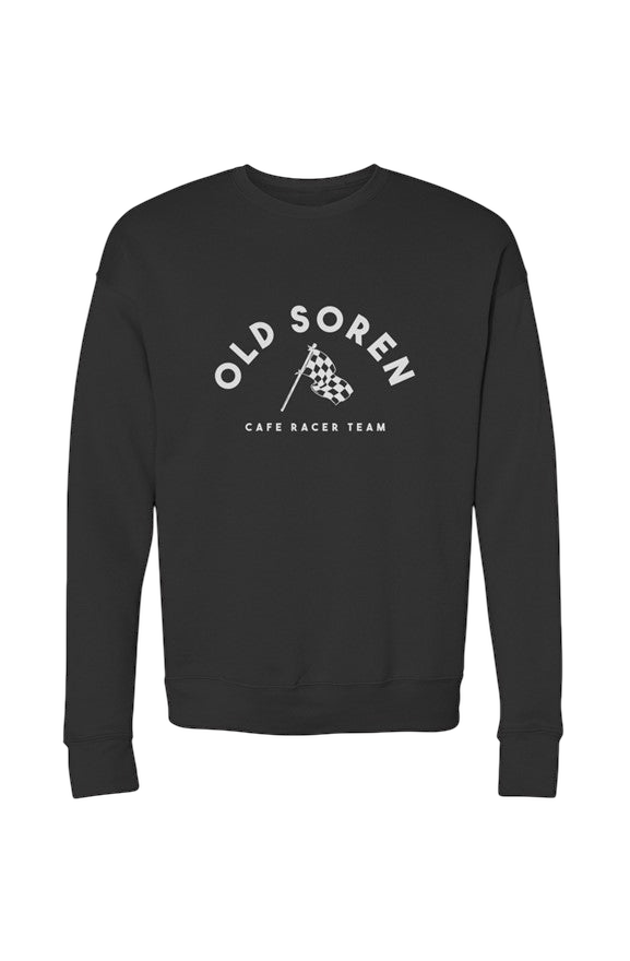 Black sweatshirt with 'Old Soren Cafe Racer Team' text and graphic on a white background