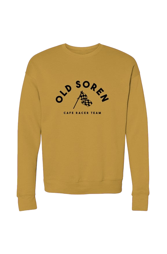 Mustard yellow sweatshirt with 'Old Soren Cafe Racer Team' text on a white background