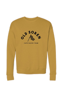 Mustard yellow sweatshirt with 'Old Soren Cafe Racer Team' text on a white background