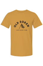 Load image into Gallery viewer, Mustard yellow t-shirt with &#39;Old Soren Cafe Racer Team&#39; text and logo on a white background
