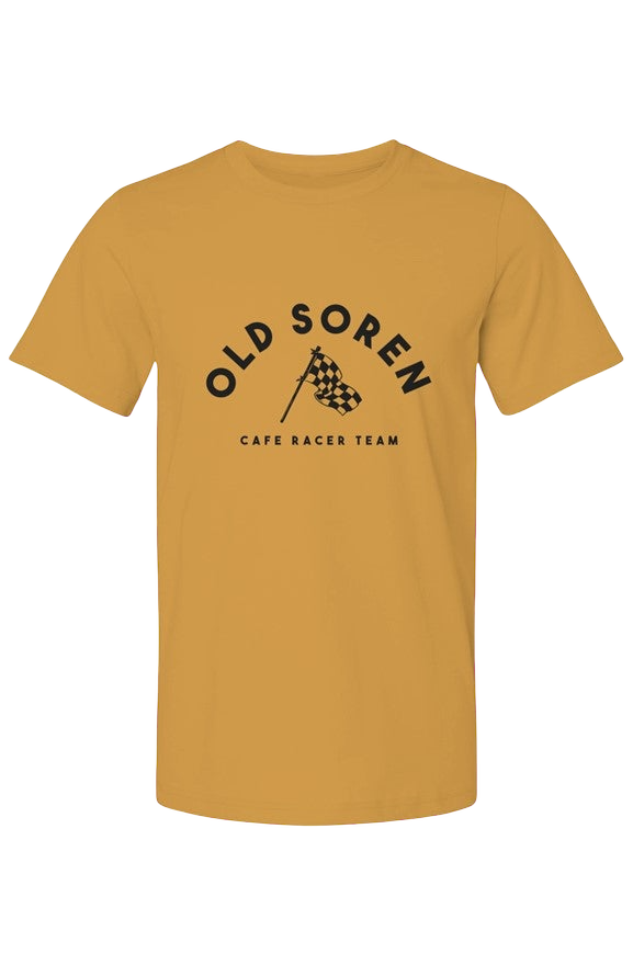 Mustard yellow t-shirt with 'Old Soren Cafe Racer Team' text and logo on a white background
