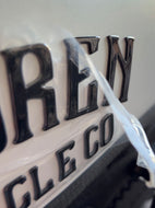 Close-up of a car badge with 'Renault' text on a white background