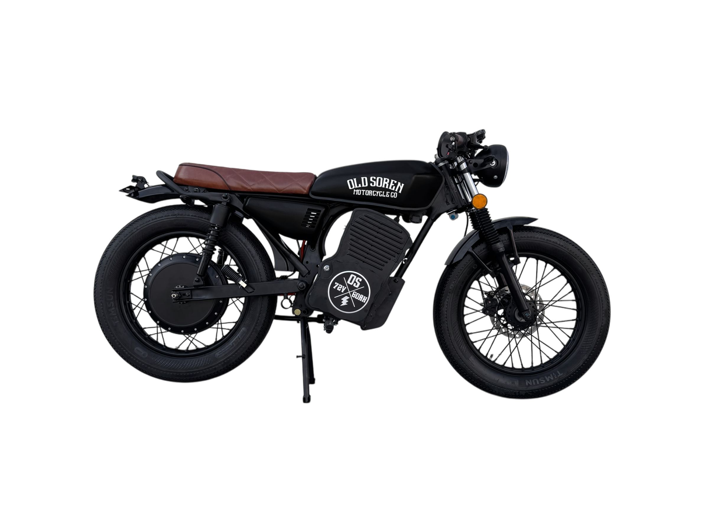 Old Soren Electric Café Racer Motorcycle – Matte Black /Brown Side View
