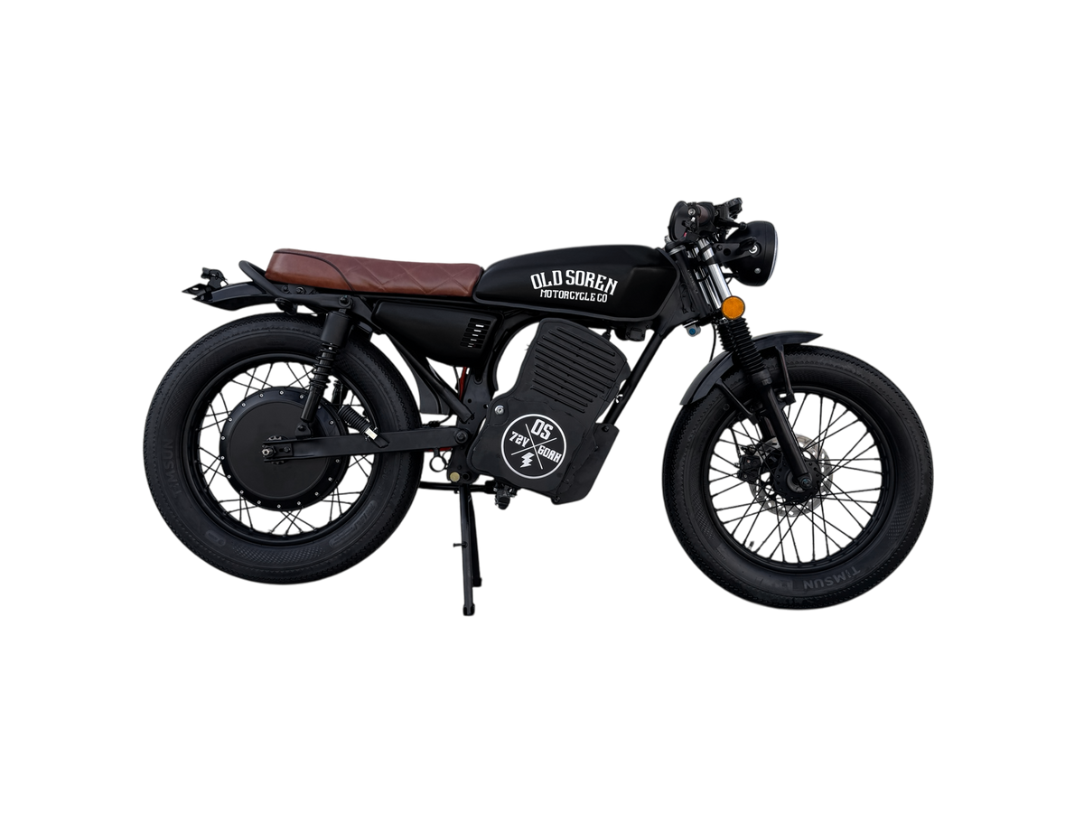 Old Soren Electric Café Racer Motorcycle – Matte Black /Brown Side View
