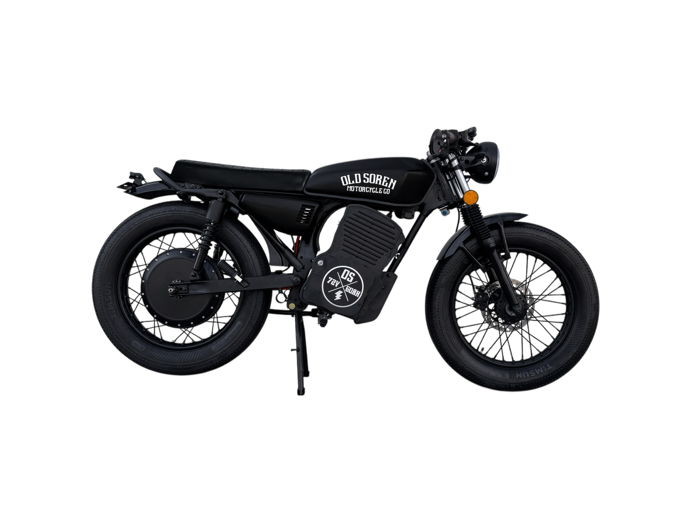 Old Soren Electric Café Racer Motorcycle – Matte Black Side View
