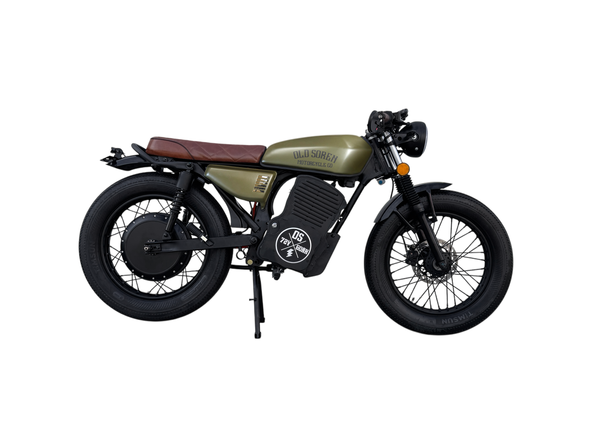 Old Soren Electric Café Racer Motorcycle – Olive /Brown Side View
