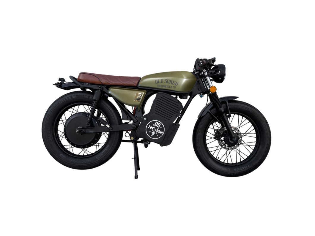 Old Soren Electric Café Racer Motorcycle – Olive /Brown Side View
