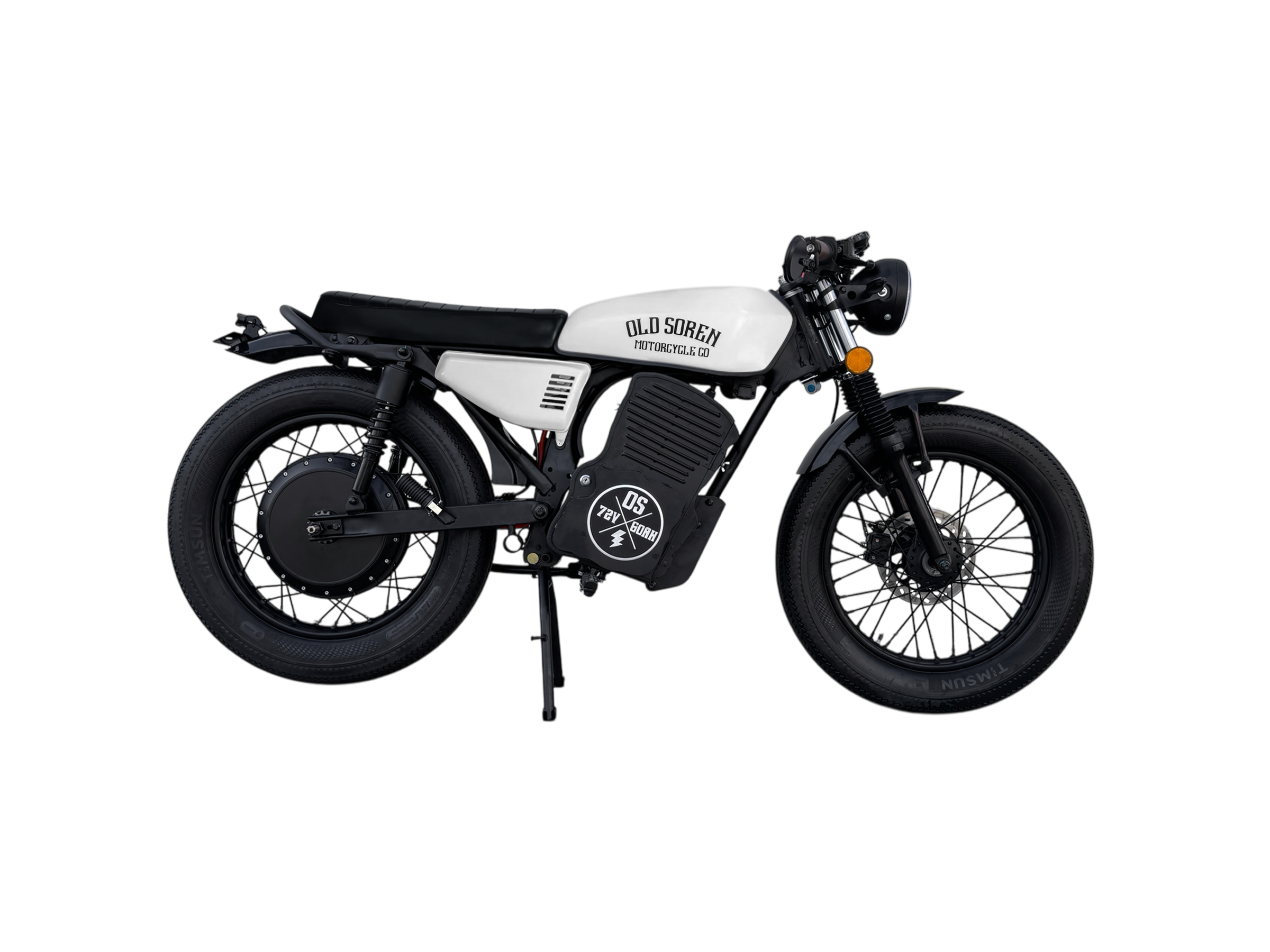 Old Soren Electric Café Racer Motorcycle – White /Black Side View
