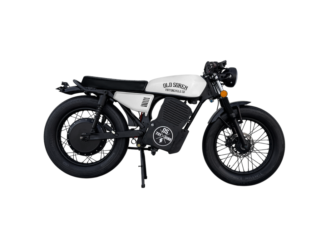 Old Soren Electric Café Racer Motorcycle – White /Black Side View
